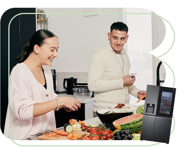 Person using a soundbar and a refrigerator	
