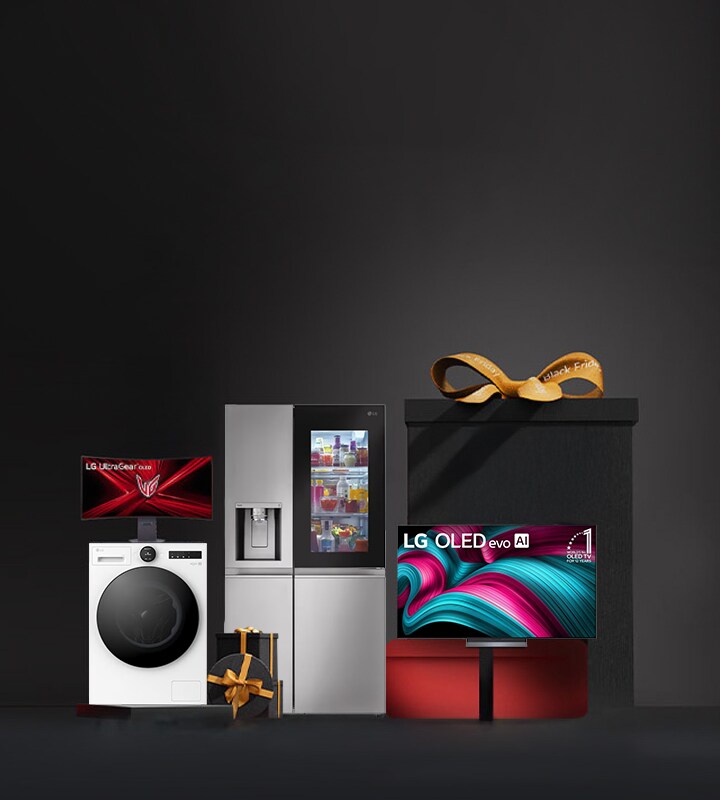 A display of LG home appliances and gift boxes against a dark background.