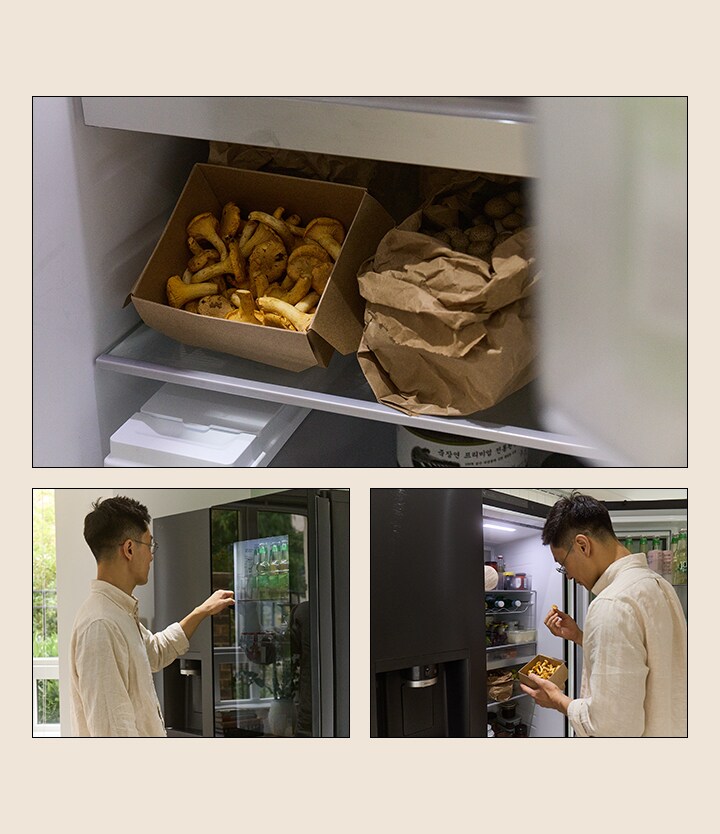A man picking a mushroom from the refrigerator while examining the selection carefully.