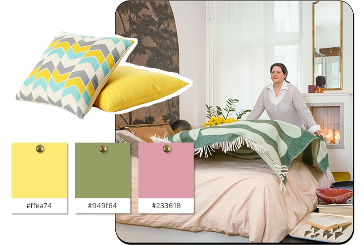 An image of a woman spreading a patterned thin blanket on her bed with a cushion and a palette of colors next to the picture.