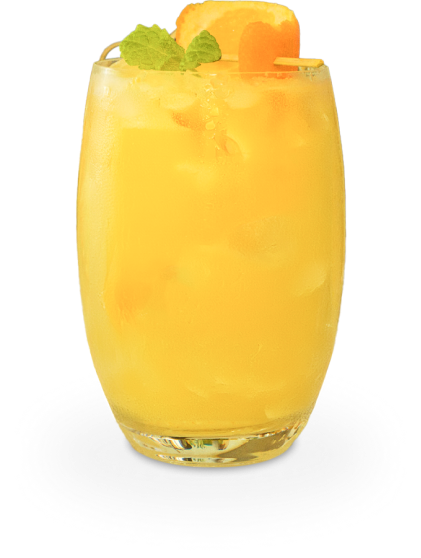 A glass of mocktail made with oranges as the main ingredient.