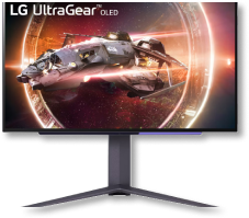 LG UltraGear gaming monitor displaying a spaceship in a fiery scene.