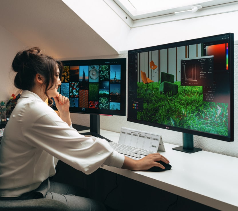 A woman working at a desk with a dual-monitor setup, focused on editing vibrant images on her screens in a well-lit home office.