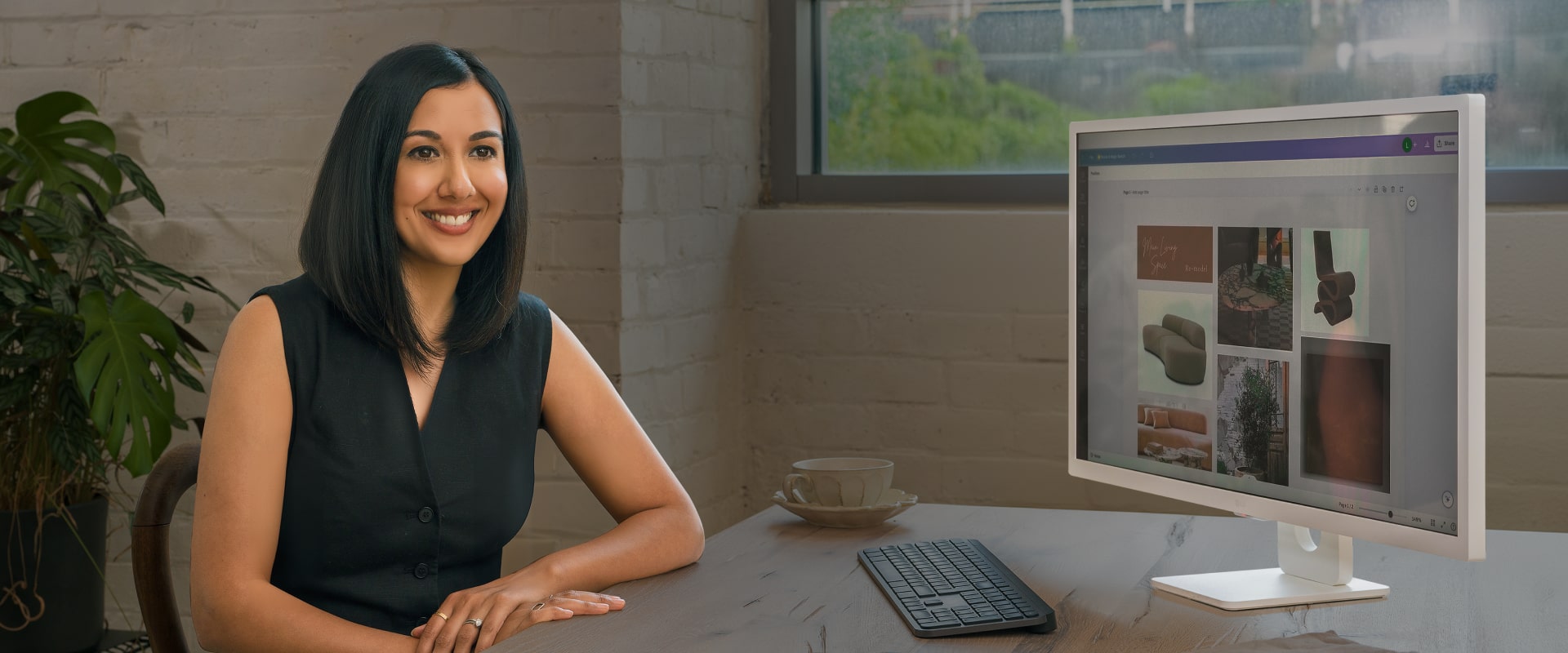 Lisa Mistry is sitting at the dining bar next to an LG MyView Smart Monitor, which is displaying one of her interior design projects, smiling as she looks straight ahead.