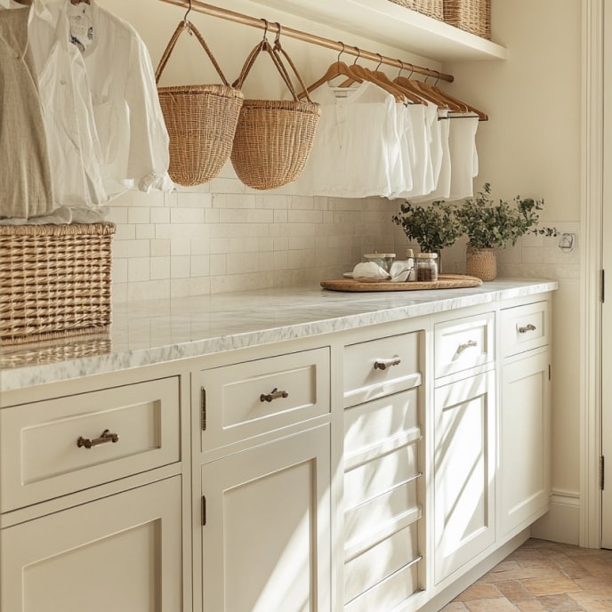 White clothes are neatly hung in the laundry room.