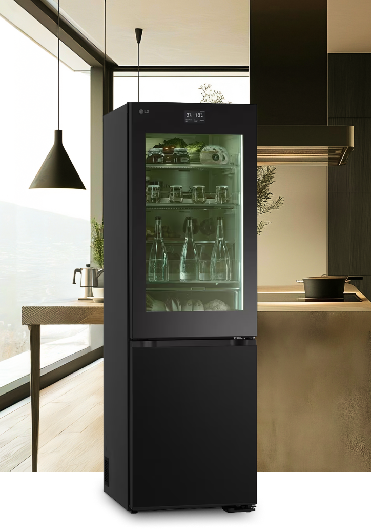 In a sleek, black-colored modern kitchen, the LG InstaView refrigerator is displayed with its mirror glass feature activated.