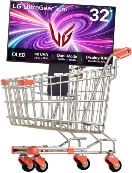 An LG UltraGear Gaming Monitor is placed inside a shopping cart.