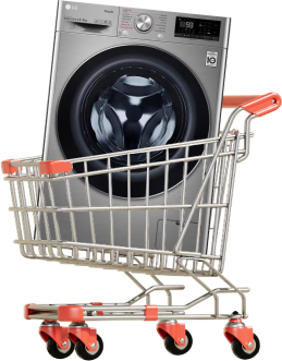 An LG washing machine is placed inside a shopping cart.