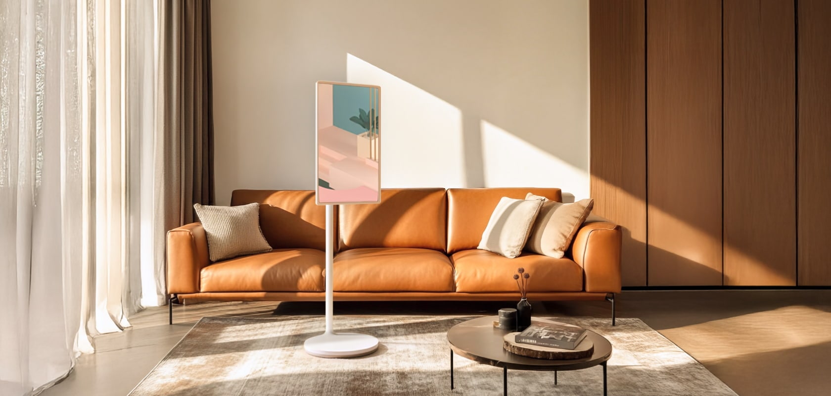 Bright living room with an LG StanbyME positioned near a leather sofa, illuminated by natural light for a warm and inviting ambiance.