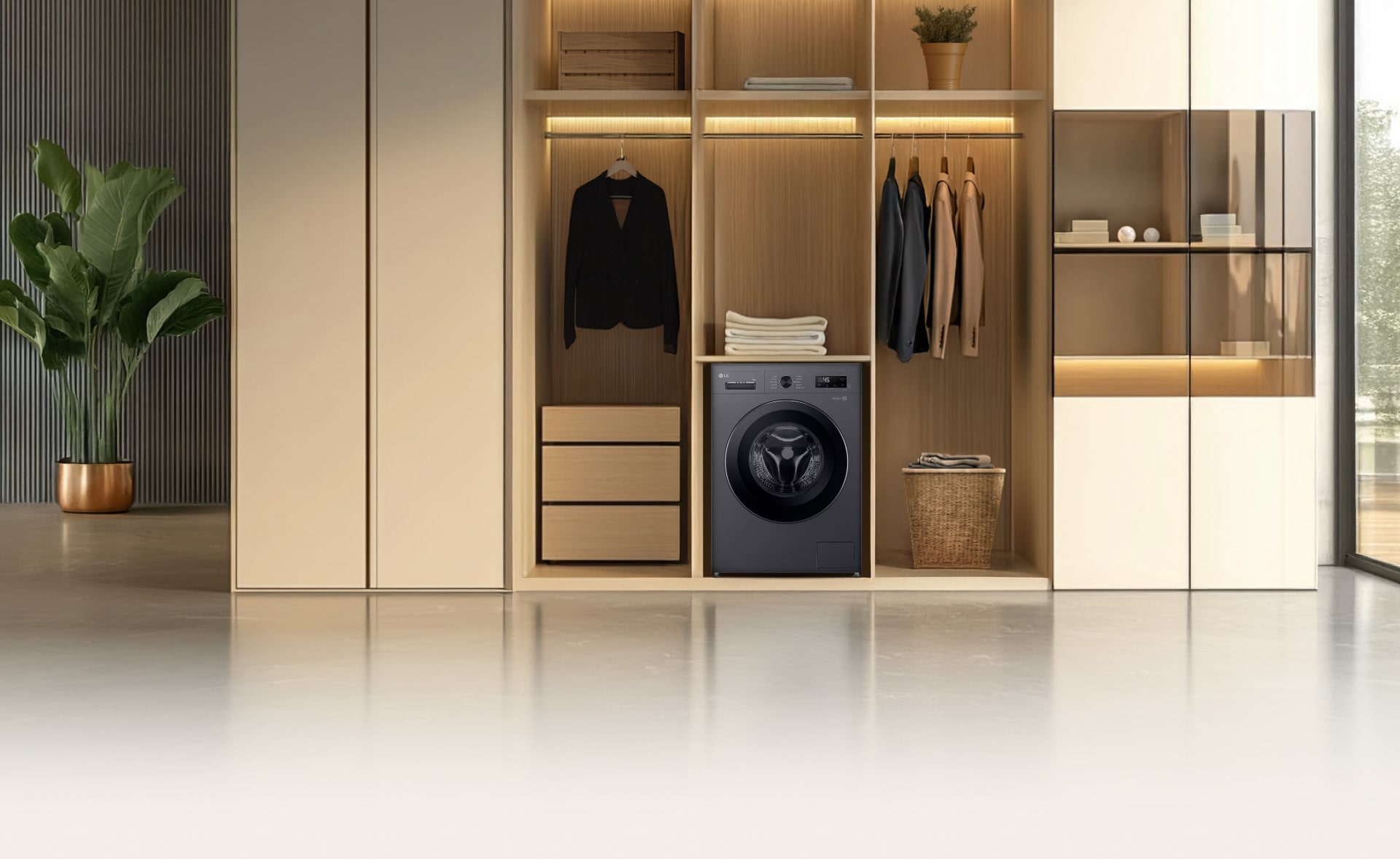 LG washing machine neatly integrated into a modern wardrobe, surrounded by organized clothes and shelves in a bright, stylish home setting.