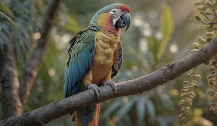 Lines animate across a very dull and almost gray image of a parrot in a forest as if a supercomputer is analyzing the elements in the frame. A laser traces the parrot's silhouette and then it is enhanced to be brighter, sharper, and more colorful. The background also transforms from left to right, now with improved contrast, depth, and colours.	