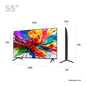 Front view and side view of LG QNED evo AI QNED92 4K Smart TV showing its length, width, height, and depth dimensions.