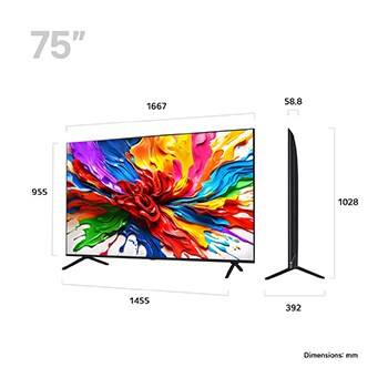 Front view and side view of LG QNED evo AI QNED92 4K Smart TV showing its length, width, height, and depth dimensions.
