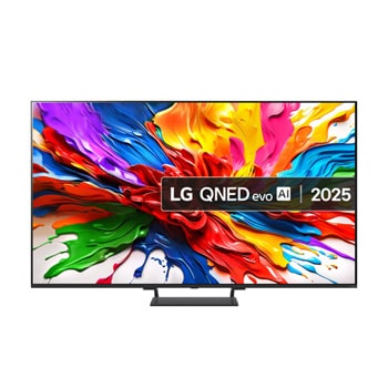 Front view of LG QNED evo QNED93 TV, LG QNED evo Al Logo on the top corner. LG QNED evo TV depicts colorful paintike textures coming together.