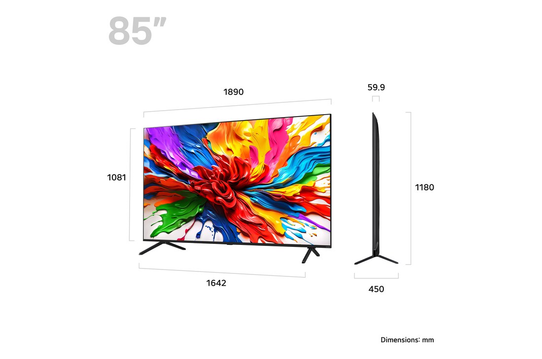 Front view and side view of LG QNED evo AI QNED92 4K Smart TV showing its length, width, height, and depth dimensions.