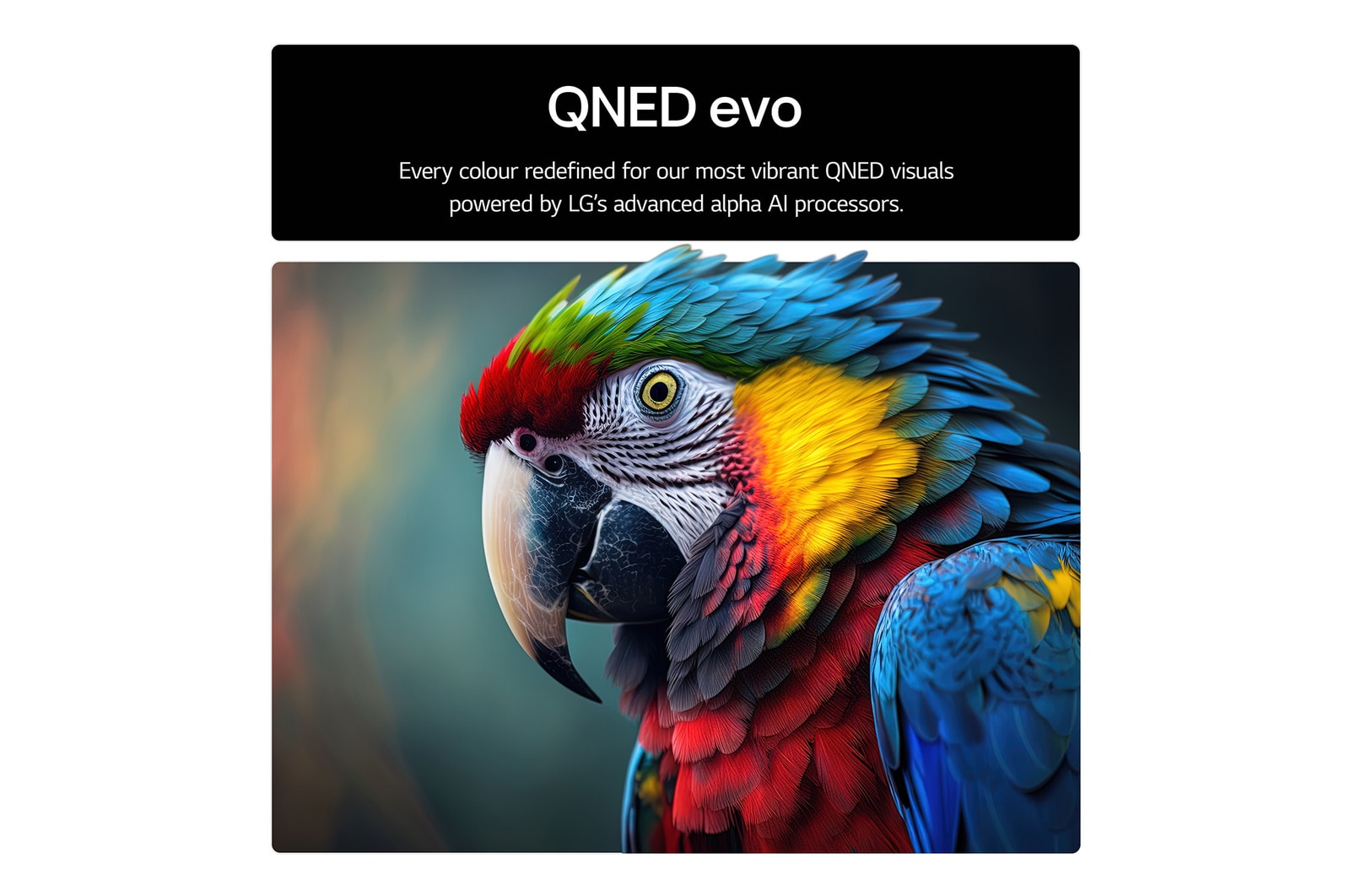Parrot on a tree branch in vivid color. The title talks about how LG Al Picture Pro made impressive visual enhancements to the scene's resolution, brightness, depth, and clarity.