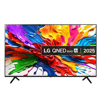 Front view of LG QNED evo QNED92 TV, LG QNED evo Al Logo on the top corner. LG QNED evo TV depicts colorful paintike textures coming together.