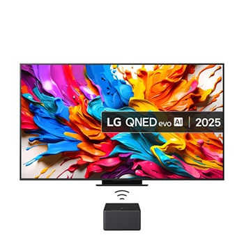 Front view of LG QNED evo AI QNED9M TV. LG QNED evo AI Logo on the. op corner. LG QNED evo TV depicts colorful paintike textures coming together. Zero Connect Box in the corner with the title, Zero Connect Box with 4K 144Hz wireless video & audio transfer.