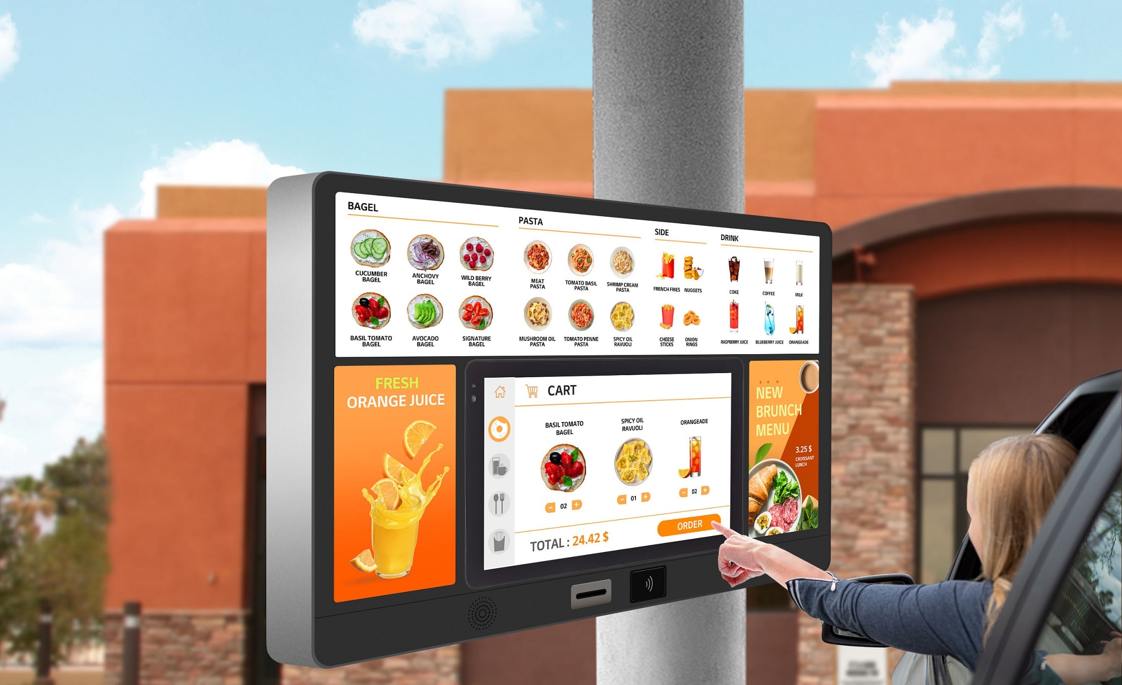 Person ordering food on a touch-screen device from a car
