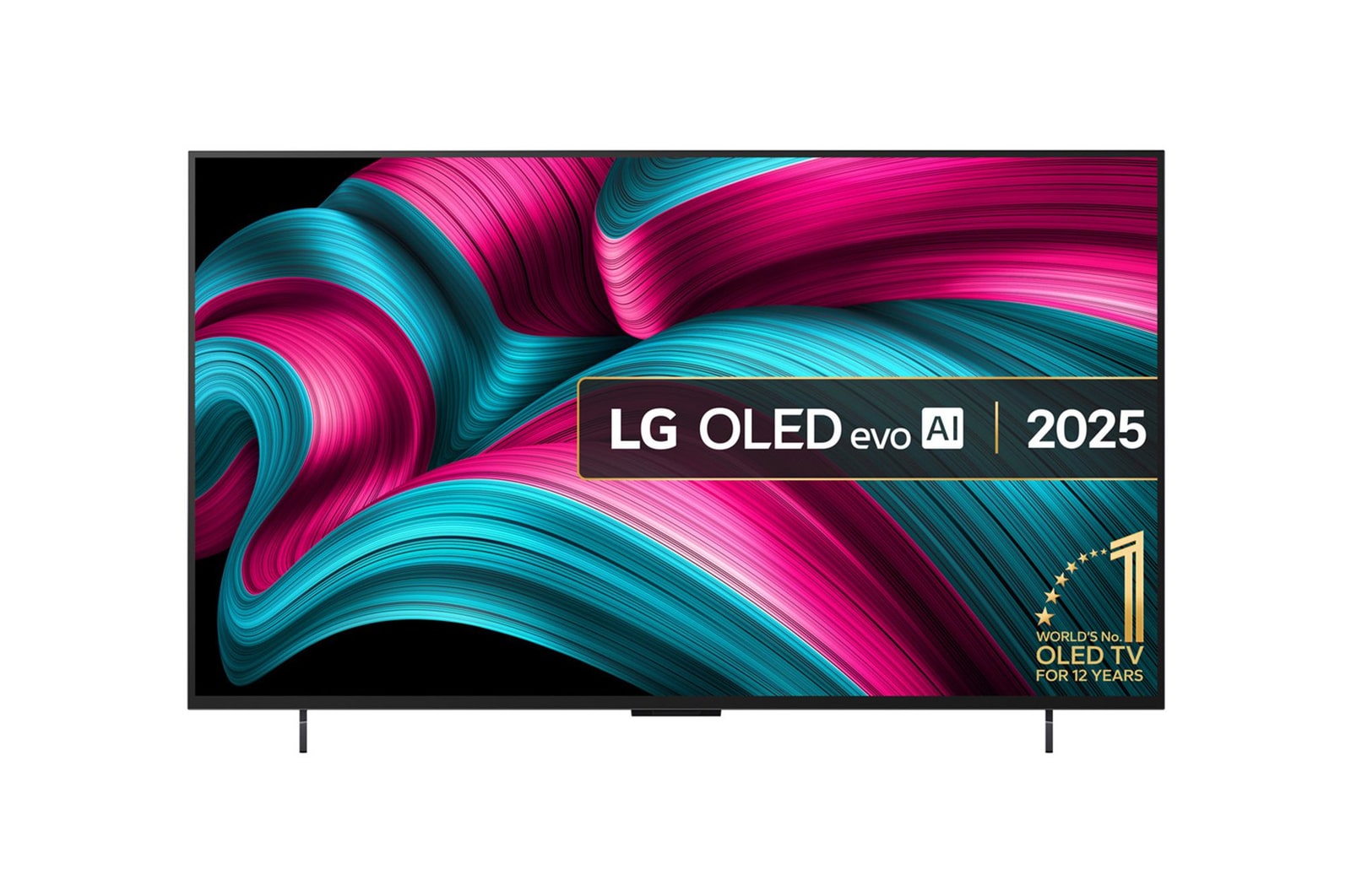 Front view of LG OLED evo AI C5 4K Smart TV. 12 Years of world number 1 OLED emblem and LG OLED evo AI 2025 logo are on the screen.