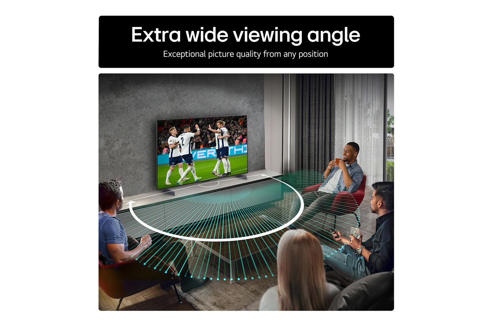 Living room space with a wall-mounted LG OLED TV. On the TV is a mountain range against a dark evening sky filled with stars. This scene is split in half. One side shows a duller, grayer version of the landscape labeled, Non Perfect Black display. On the other side is a more pleasing picture with a larger dynamic range of blacks and whites. This is labeled, Perfect Black display. Logo certification is also visible, Perfect Black Technology delivers black levels less than or equal to 0.24 nit up to 500 lux. 
