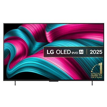 Front view of LG OLED evo AI C5 4K Smart TV. 12 Years of world number 1 OLED emblem and LG OLED evo AI 2025 logo are on the screen.