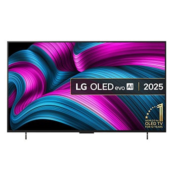 Front view of LG OLED evo AI C5 4K Smart TV. 12 Years of world number 1 OLED emblem and LG OLED evo AI 2025 logo are on the screen.