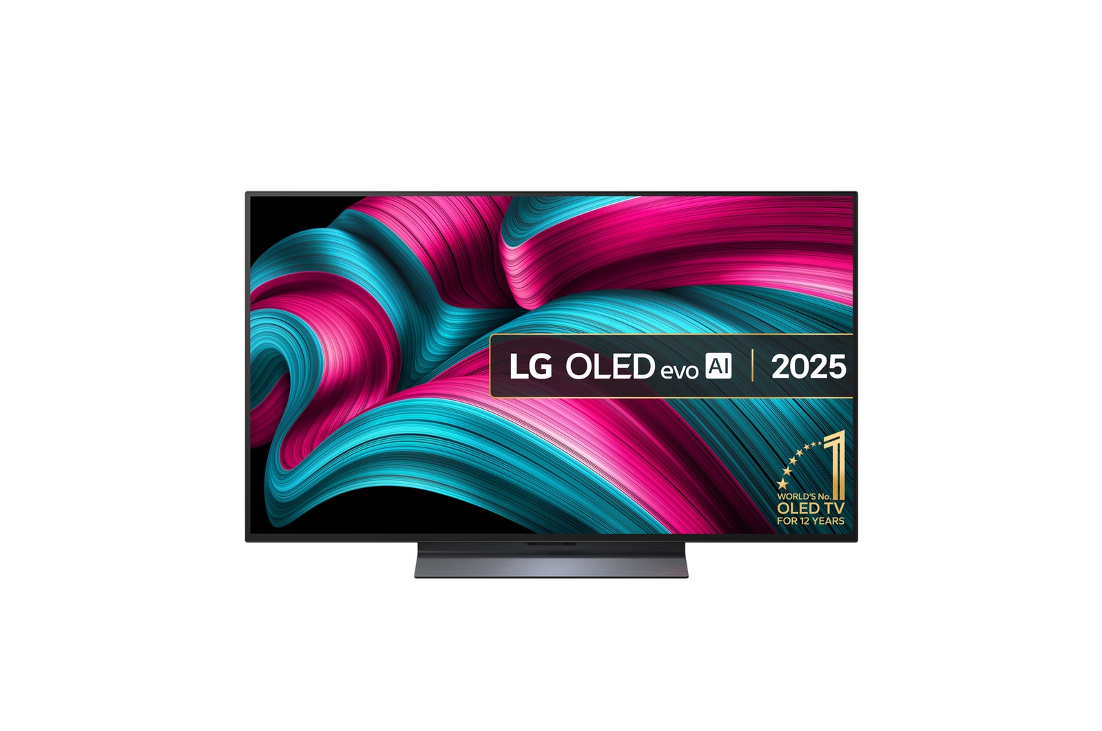 Front view of LG OLED evo AI C5 4K Smart TV. 12 Years of world number 1 OLED emblem and LG OLED evo AI 2025 logo are on the screen.