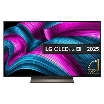 Front view of LG OLED evo AI C5 4K Smart TV. 12 Years of world number 1 OLED emblem and LG OLED evo AI 2025 logo are on the screen.