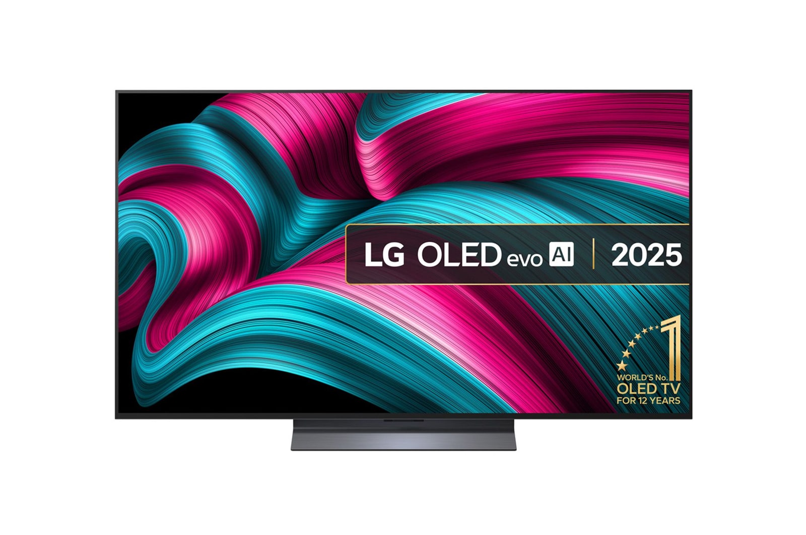 Front view of LG OLED evo AI C5 4K Smart TV. 12 Years of world number 1 OLED emblem and LG OLED evo AI 2025 logo are on the screen.