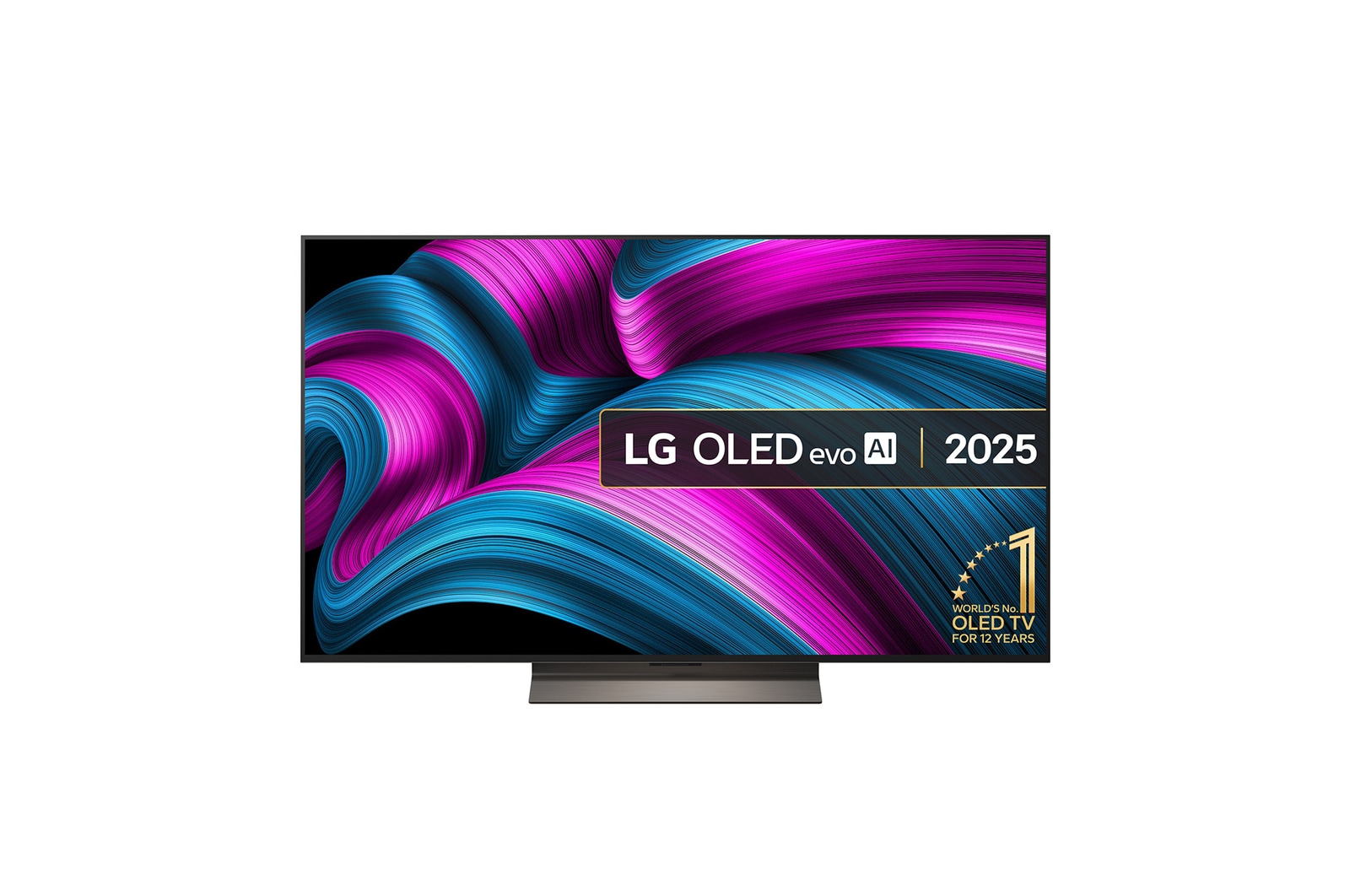 Front view of LG OLED evo AI C5 4K Smart TV. 12 Years of world number 1 OLED emblem and LG OLED evo AI 2025 logo are on the screen.