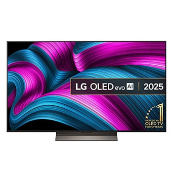 Front view of LG OLED evo AI C5 4K Smart TV. 12 Years of world number 1 OLED emblem and LG OLED evo AI 2025 logo are on the screen.