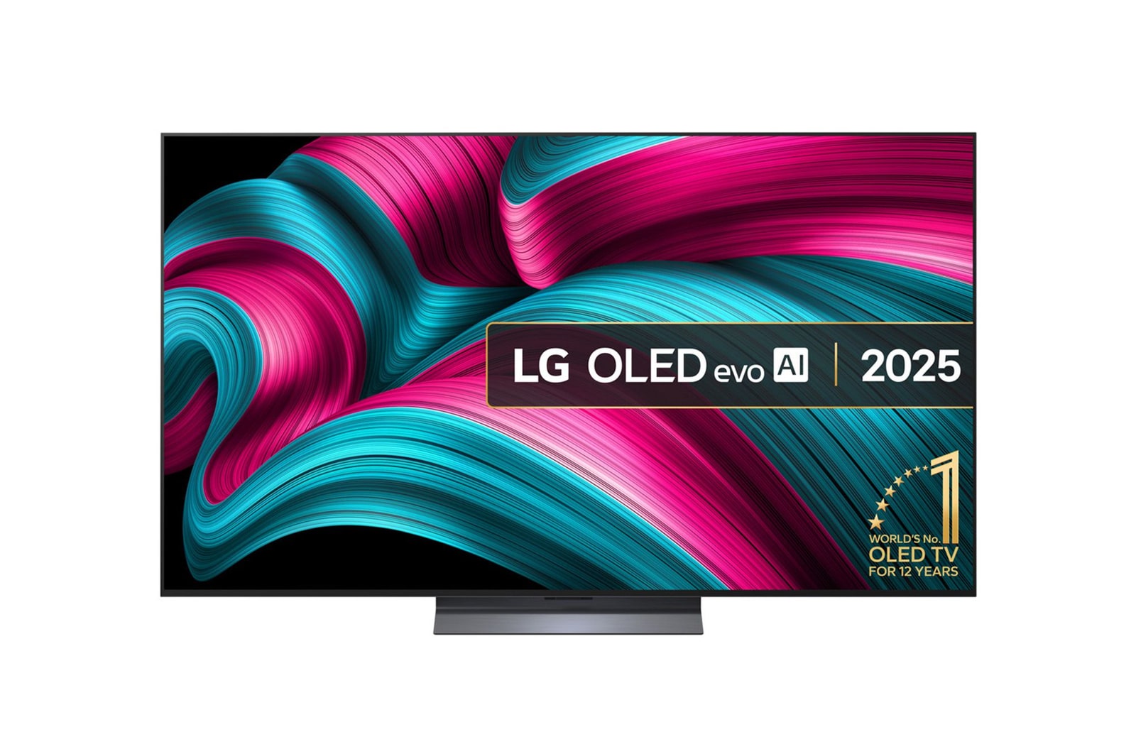 Front view of LG OLED evo AI C5 4K Smart TV. 12 Years of world number 1 OLED emblem and LG OLED evo AI 2025 logo are on the screen.