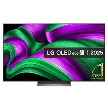 Front view of LG OLED evo AI C5E 4K Smart TV. 12 Years of world number 1 OLED emblem and LG OLED evo AI 2025 logo are on the screen.