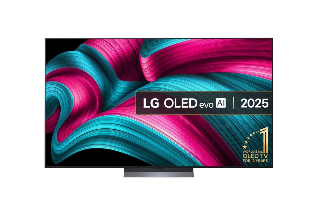 Front view of LG OLED evo AI C5 4K Smart TV. 12 Years of world number 1 OLED emblem and LG OLED evo AI 2025 logo are on the screen.