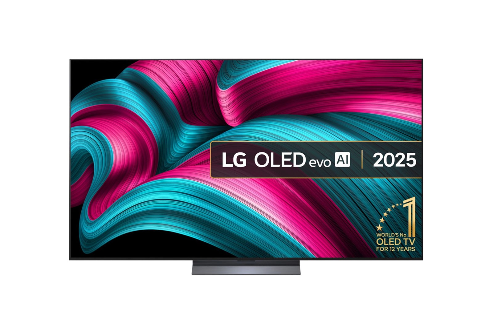 Front view of LG OLED evo AI C5 4K Smart TV. 12 Years of world number 1 OLED emblem and LG OLED evo AI 2025 logo are on the screen.