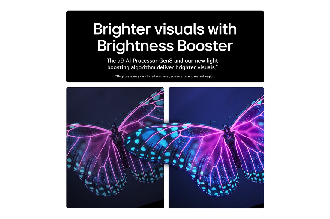 The alpha 9 AI Processor Gen8 lights up with different shades of blue and bolts of light shoot out from it highlighting its circuits. Performance statistics are visible. 1.7 times greater AI neural processing, NPU. 1.7 times faster operation, CPU. 2.1 times improved graphics, GPU.