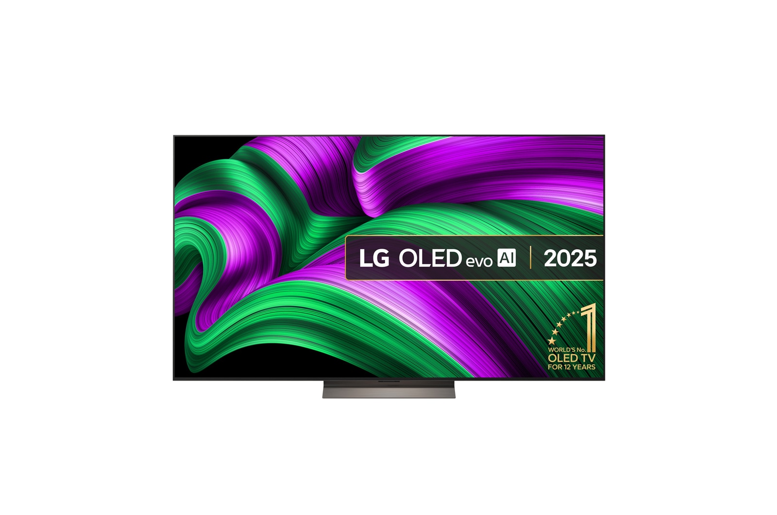Front view of LG OLED evo AI C5 4K Smart TV. 12 Years of world number 1 OLED emblem and LG OLED evo AI 2025 logo are on the screen.