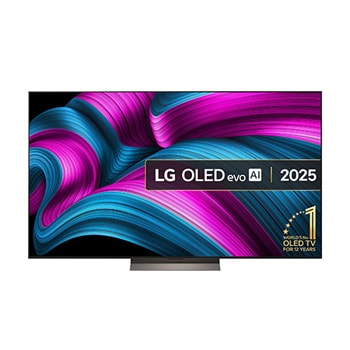 Front view of LG OLED evo AI C5 4K Smart TV. 12 Years of world number 1 OLED emblem and LG OLED evo AI 2025 logo are on the screen.