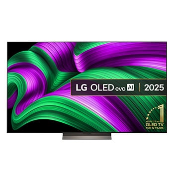 Front view of LG OLED evo AI C5 4K Smart TV. 12 Years of world number 1 OLED emblem and LG OLED evo AI 2025 logo are on the screen.
