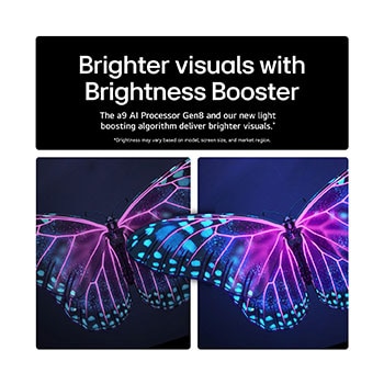 The alpha 9 AI Processor Gen8 lights up with different shades of blue and bolts of light shoot out from it highlighting its circuits. Performance statistics are visible. 1.7 times greater AI neural processing, NPU. 1.7 times faster operation, CPU. 2.1 times improved graphics, GPU.