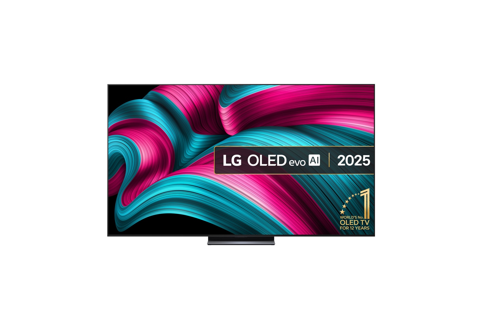 Front view of LG OLED evo AI C5 4K Smart TV. 12 Years of world number 1 OLED emblem and LG OLED evo AI 2025 logo are on the screen.