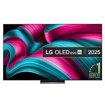 Front view of LG OLED evo AI C5 4K Smart TV. 12 Years of world number 1 OLED emblem and LG OLED evo AI 2025 logo are on the screen.