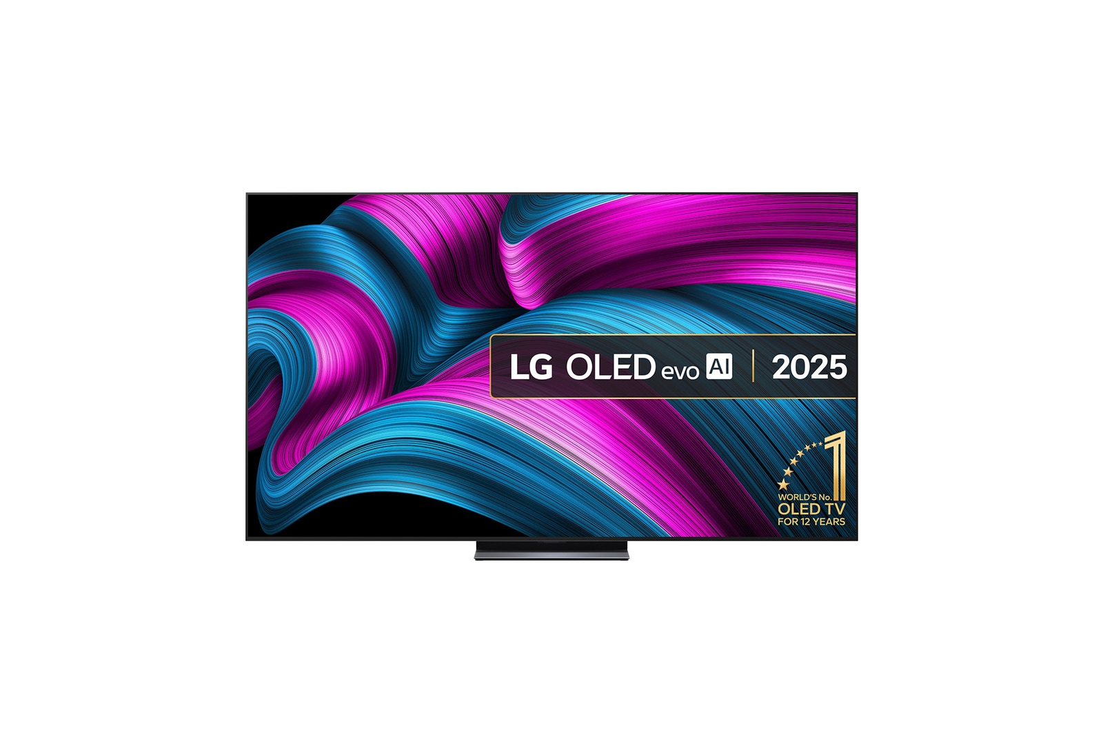 Front view of LG OLED evo AI C5 4K Smart TV. 12 Years of world number 1 OLED emblem and LG OLED evo AI 2025 logo are on the screen.