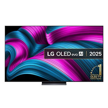 Front view of LG OLED evo AI C5 4K Smart TV. 12 Years of world number 1 OLED emblem and LG OLED evo AI 2025 logo are on the screen.