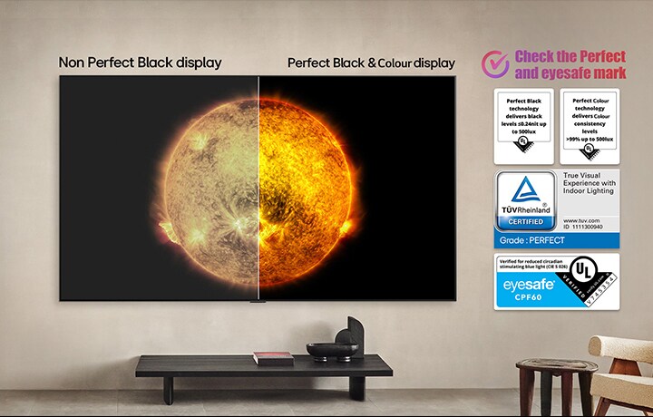 LG OLED TV showing a visual comparison between a display with Perfect Color and Perfect Black and one without. UL, TÜV, and eyesafe certifications are visible, with text prompting to check the marks.