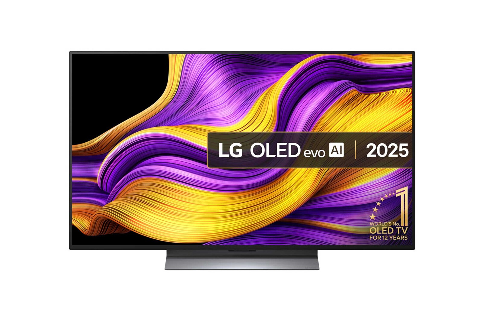 Front view of LG OLED evo AI G5 4K Smart TV. 12 Years of world number 1 OLED emblem and LG OLED evo AI 2025 logo are on the screen.
