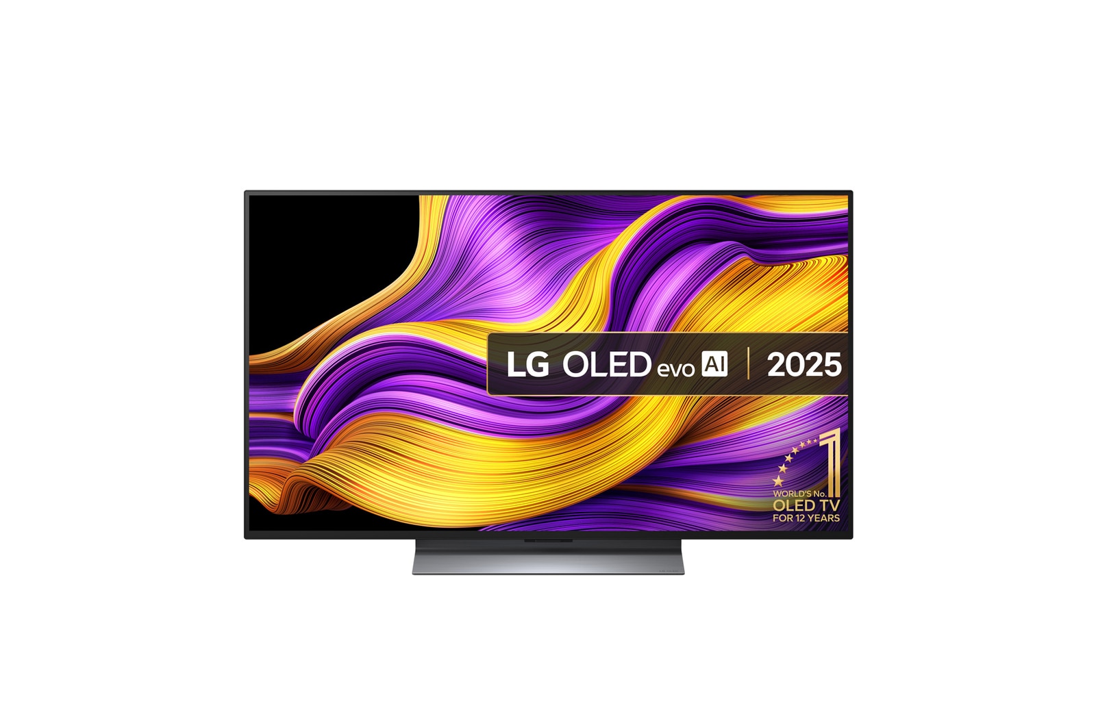 Front view of LG OLED evo AI G5 4K Smart TV. 12 Years of world number 1 OLED emblem and LG OLED evo AI 2025 logo are on the screen.
