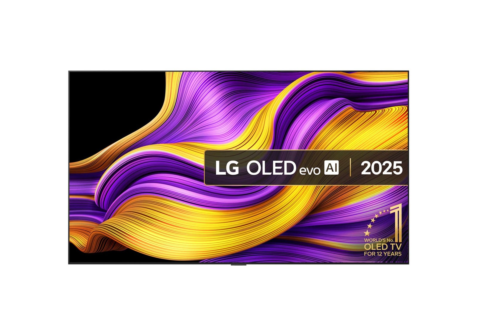 Front view of LG OLED evo AI C5 4K Smart TV. 12 Years of world number 1 OLED emblem and LG OLED evo AI 2025 logo are on the screen.