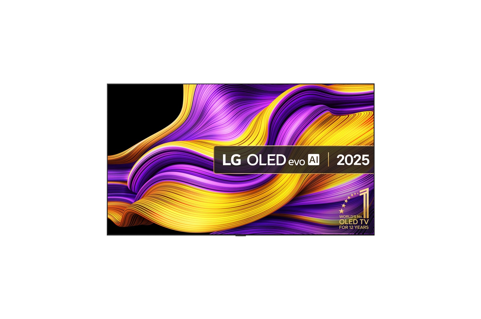 Front view of LG OLED evo AI C5 4K Smart TV. 12 Years of world number 1 OLED emblem and LG OLED evo AI 2025 logo are on the screen.